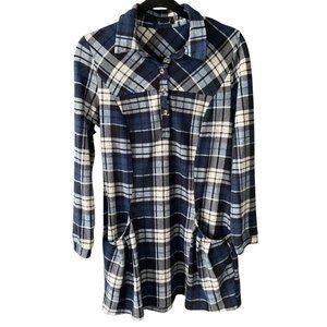 Navy Plaid Tunic Sweater W/Buttons and Collar-Pockets